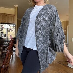 NWT EIS Boho Kimono Patchwork Lace Detailed Open Front Long Grey Cardigan